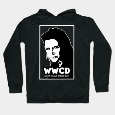 Black hoodie with WWCD slogan, bold white text and graphic, casual wear, cotton blend, unisex style.