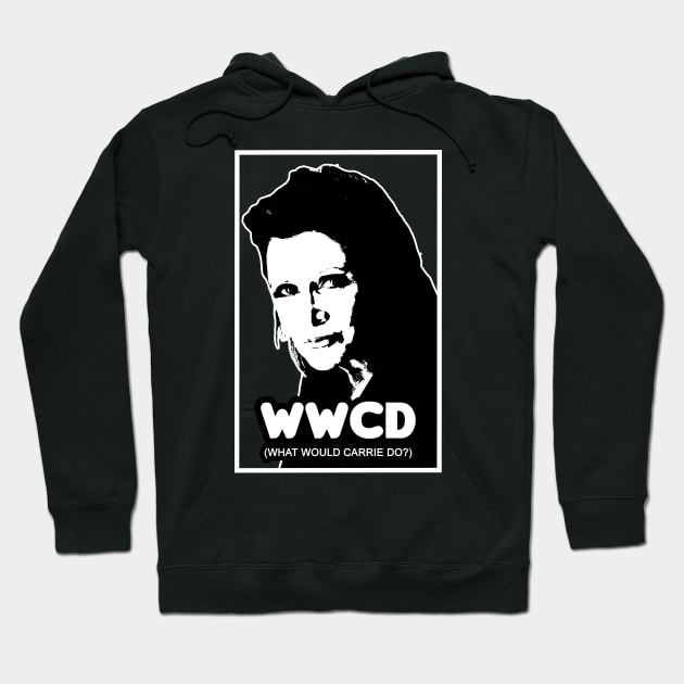 Black hoodie with WWCD slogan, bold white text and graphic, casual wear, cotton blend, unisex style.