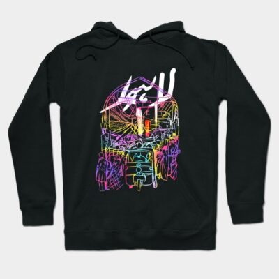 Black hoodie with colorful abstract graphic design, casual style, cotton material, ideal for everyday wear.