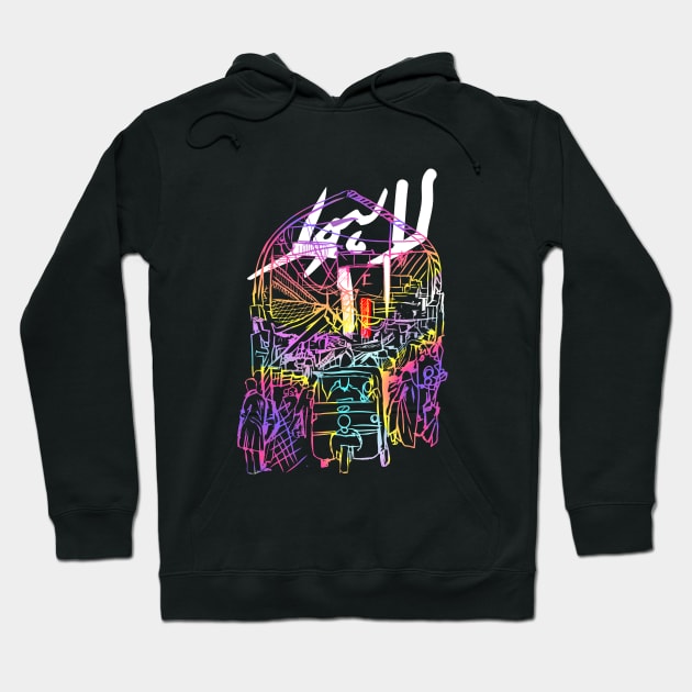 Black hoodie with colorful abstract graphic design, casual style, cotton material, ideal for everyday wear.