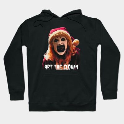 Black hoodie with clown graphic and "Art the Clown" text, featuring red and white accents. Perfect for casual wear.