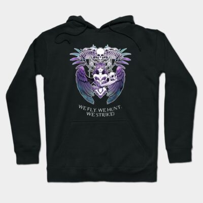 Black hoodie with gothic graphic design featuring skulls and wings. Ideal for casual wear, made from soft cotton blend.