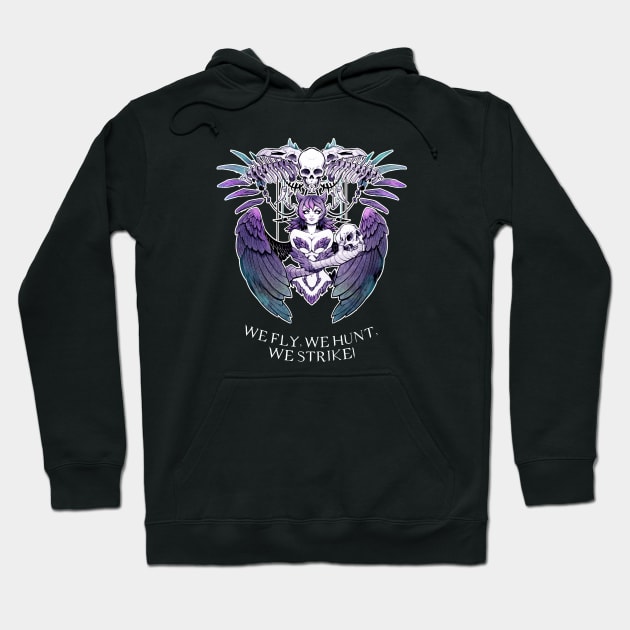 Black hoodie with gothic graphic design featuring skulls and wings. Ideal for casual wear, made from soft cotton blend.
