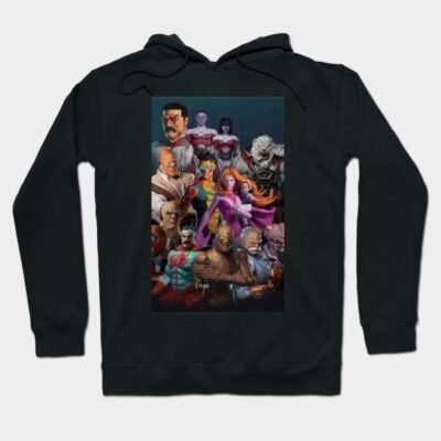 Black hoodie with colorful graphic design featuring various fictional characters, perfect for casual wear.