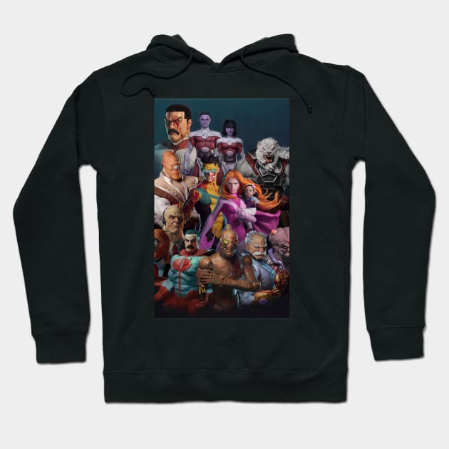 Black hoodie with colorful graphic design featuring various fictional characters, perfect for casual wear.