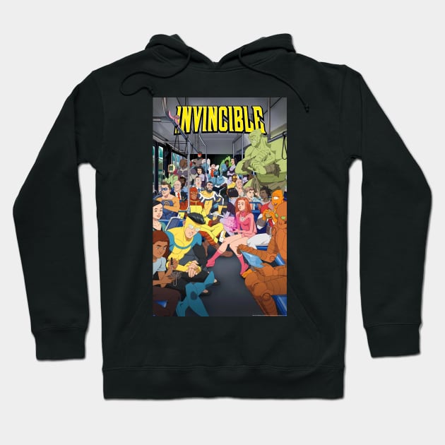 Black hoodie with colorful comic-style graphic, featuring the word "Invincible." Ideal for casual wear and fans.