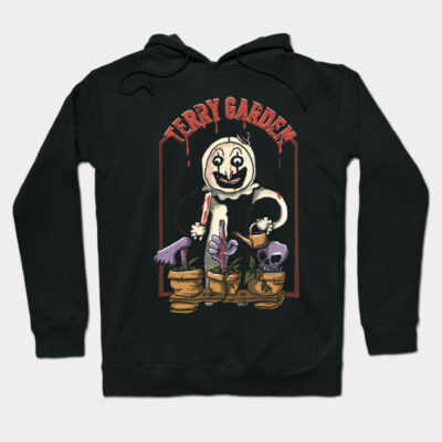 Black Terry Garden hoodie with artistic graphic design, featuring a playful, spooky theme. Cozy cotton blend material.