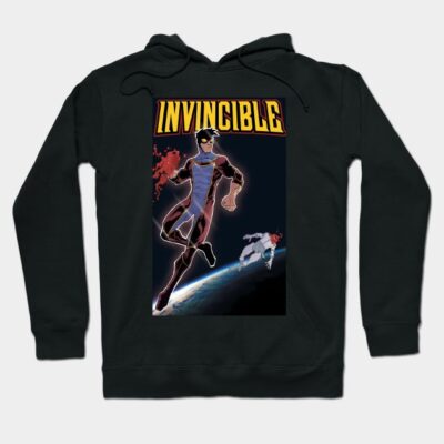 Black hoodie with bold "Invincible" graphic design, featuring a dynamic superhero illustration. Ideal for casual wear.