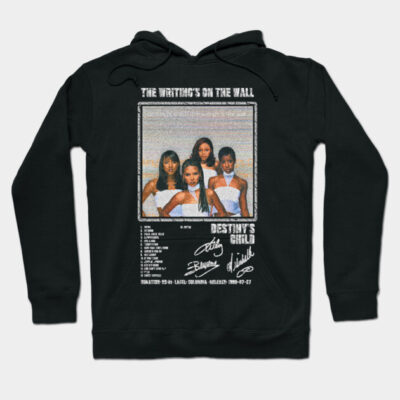 Black hoodie with retro album cover print, featuring white text and graphics. Perfect for casual wear. Cotton blend.