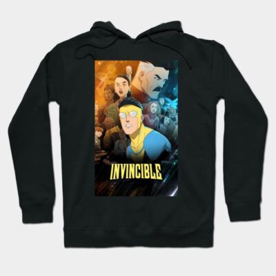 Black hoodie with colorful "Invincible" graphic, featuring animated characters, perfect for casual wear. Cotton material.