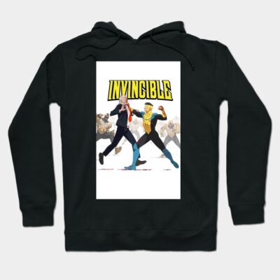 Black Invincible graphic hoodie, featuring comic-style design, ideal for casual wear, made from soft cotton blend.
