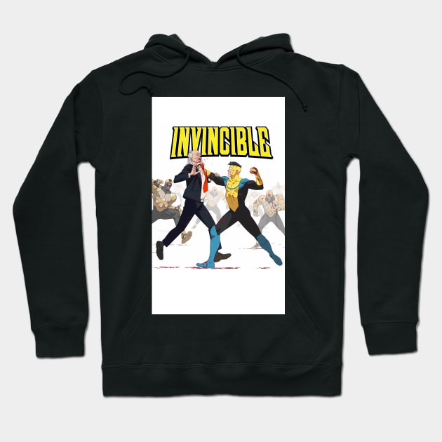 Black Invincible graphic hoodie, featuring comic-style design, ideal for casual wear, made from soft cotton blend.