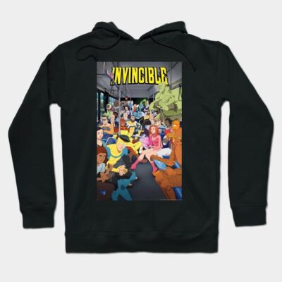 Black hoodie with colorful comic-style graphic and "Invincible" text, ideal for casual wear, cotton blend.