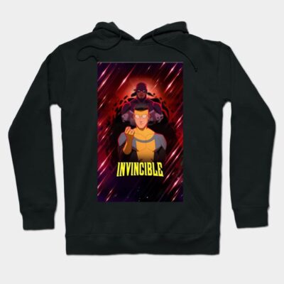 Black hoodie with bold "Invincible" graphic, featuring vibrant comic-style design, perfect for casual wear.