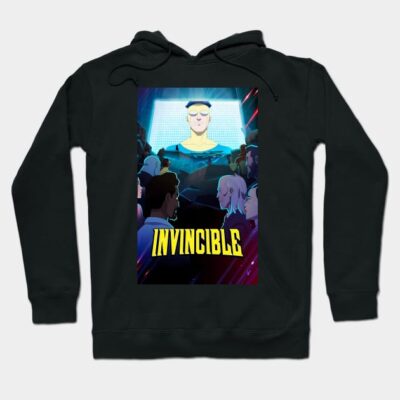 Black "Invincible" hoodie with vibrant graphic design, cozy cotton blend, perfect for casual wear or fans of the series.