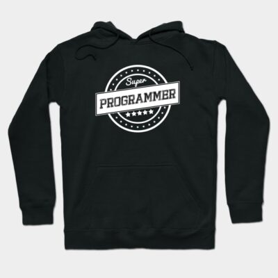 Black "Super Programmer" hoodie with white graphic text, casual style, perfect for tech enthusiasts. Cotton blend material.