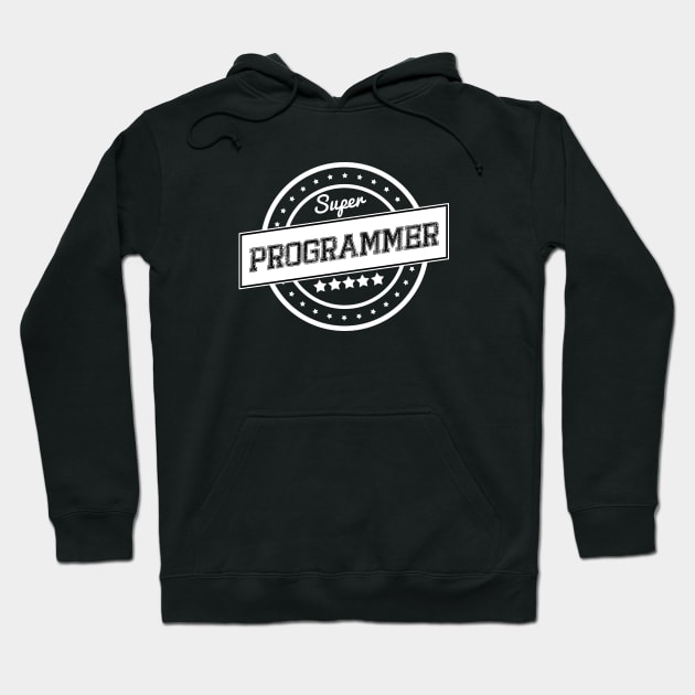 Black "Super Programmer" hoodie with white graphic text, casual style, perfect for tech enthusiasts. Cotton blend material.