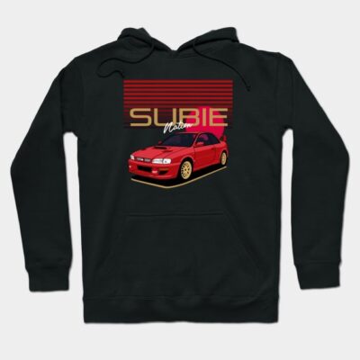 Black hoodie with red car graphic and "Subie Nation" text, featuring a sporty design, ideal for car enthusiasts.