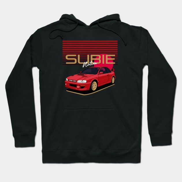 Black hoodie with red car graphic and "Subie Nation" text, featuring a sporty design, ideal for car enthusiasts.
