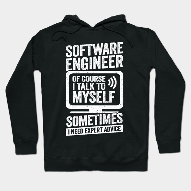 Black hoodie with "Software Engineer" phrase in white text, casual style, perfect for tech enthusiasts and programmers.