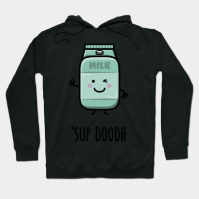 Black hoodie with a cute milk carton graphic, winking face, and text "Sup Doodh". Cozy, casual wear, cotton blend.