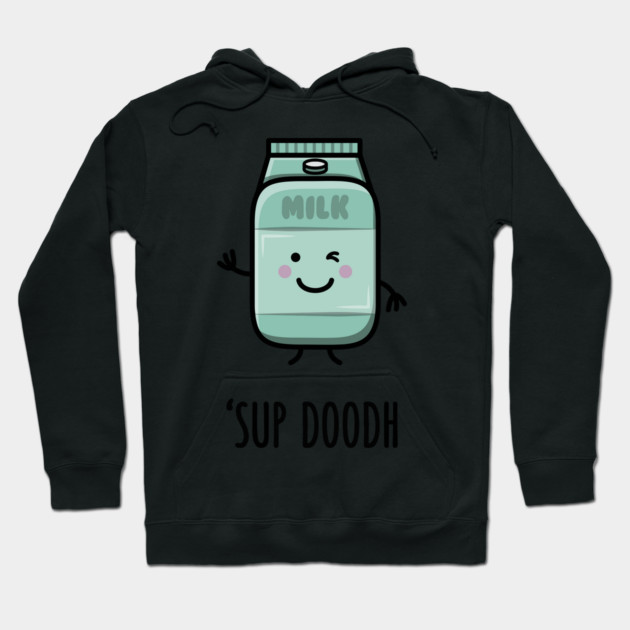 Black hoodie with a cute milk carton graphic, winking face, and text "Sup Doodh". Cozy, casual wear, cotton blend.