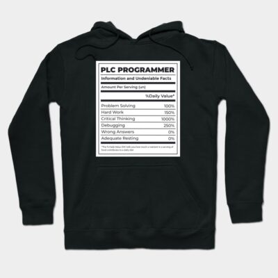 Black hoodie with humorous "PLC Programmer" facts graphic, ideal for tech enthusiasts. Cotton blend, casual wear.