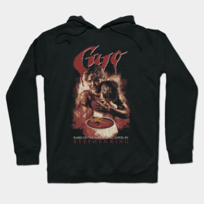 Black "Cujo" graphic hoodie featuring vintage horror design, inspired by classic novel. Cozy, stylish, cotton blend.
