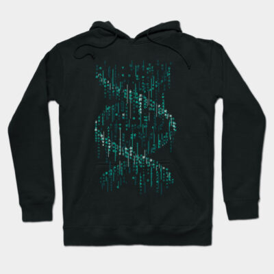 Black hoodie with teal digital DNA design, comfortable cotton material, perfect for casual wear and tech enthusiasts.