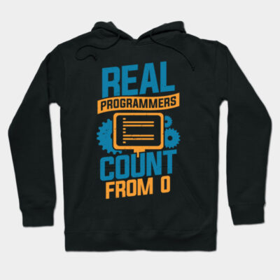 Black hoodie with "Real Programmers Count from 0" text in blue and orange, perfect for coding enthusiasts.