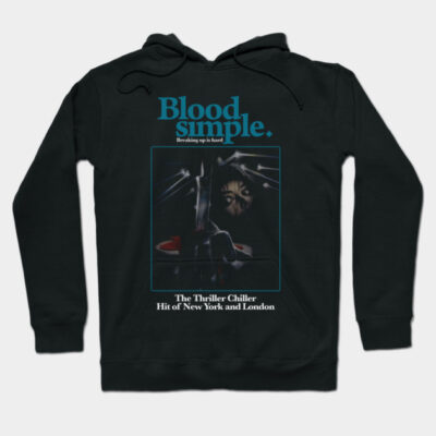 Black hoodie with "Blood Simple" graphic print, featuring thriller movie theme, casual style, cotton blend material.