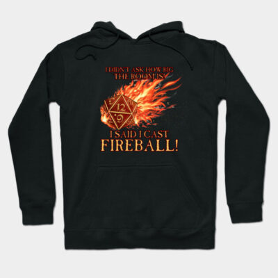 Black hooded sweatshirt featuring fiery dice graphic and "I Said I Cast Fireball" text, perfect for gaming enthusiasts.