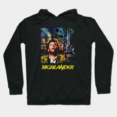 Black Highlander hoodie with vibrant graphic print, featuring detailed artwork and text, perfect for casual wear.