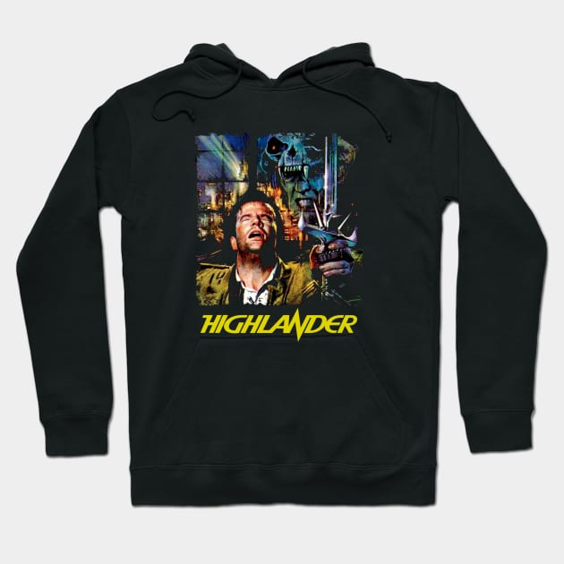Black Highlander hoodie with vibrant graphic print, featuring detailed artwork and text, perfect for casual wear.