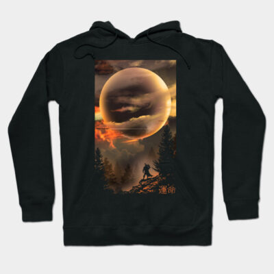 Black graphic hoodie with celestial landscape and silhouette, ideal for casual wear, made from soft cotton blend.