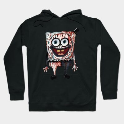 Black hoodie with spooky cartoon design, featuring a square character with big eyes and vivid colors, perfect for casual wear.