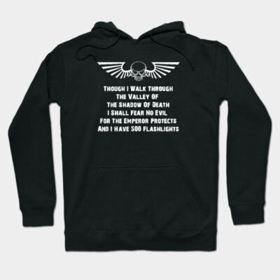 Black hoodie with white graphic and text, featuring wings and a skull design, made from cotton. Ideal for casual wear.