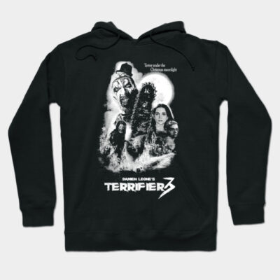 Black "Terrifier 3" hoodie with horror-themed graphic, cotton material, perfect for Halloween or casual wear.