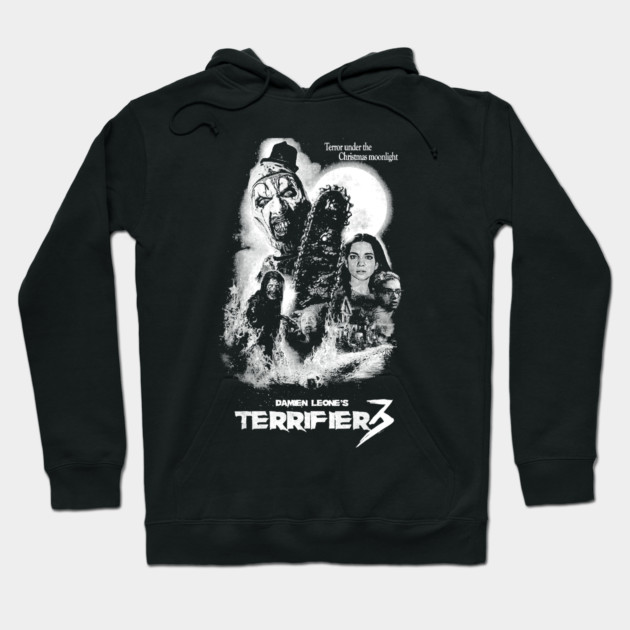 Black "Terrifier 3" hoodie with horror-themed graphic, cotton material, perfect for Halloween or casual wear.