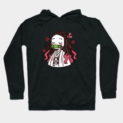 Black hoodie with cute anime character graphic, featuring pink and green accents, casual wear, cotton fabric.