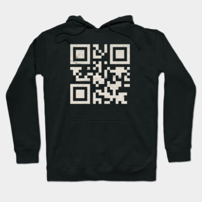 Black hoodie with a white QR code design on the front, featuring a drawstring hood and kangaroo pocket. Casual style.