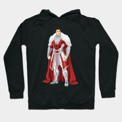 Black hoodie with superhero graphic, featuring red and gray costume, ideal for casual wear and comic enthusiasts.