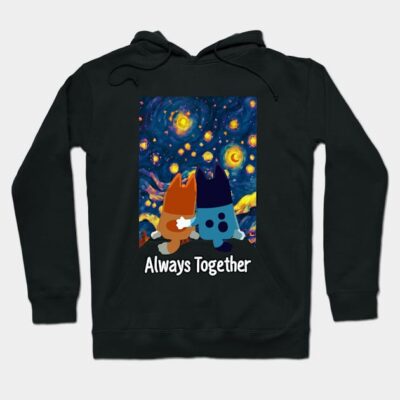 Black hoodie with "Always Together" graphic, featuring colorful abstract starry design. Cozy and stylish everyday wear.