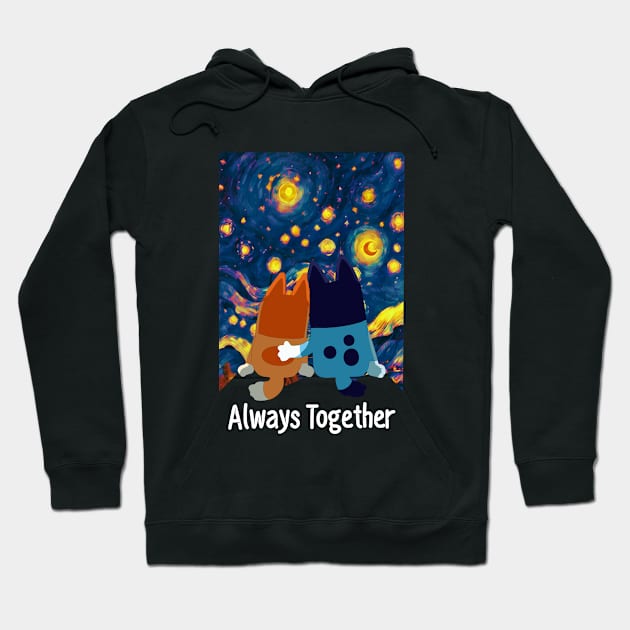 Black hoodie with "Always Together" graphic, featuring colorful abstract starry design. Cozy and stylish everyday wear.