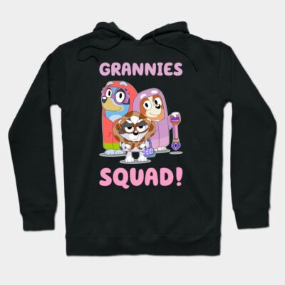 Black hoodie with colorful cartoon characters and "Grannies Squad" text, perfect for casual wear and comfort.