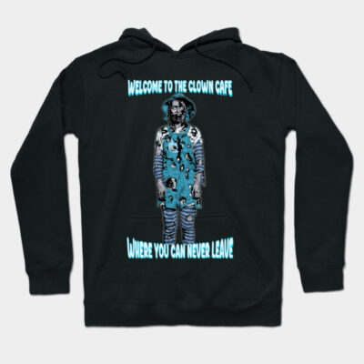 Black hoodie with spooky clown graphic and text, "Welcome to the Clown Cafe." Perfect for Halloween or casual wear.