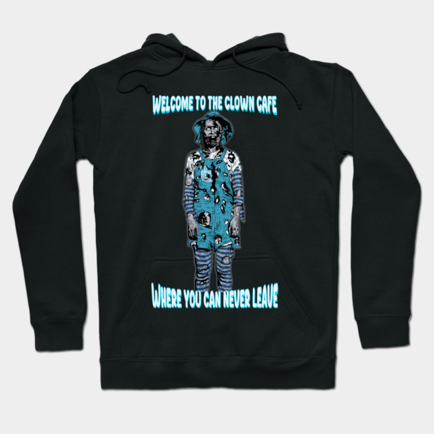 Black hoodie with spooky clown graphic and text, "Welcome to the Clown Cafe." Perfect for Halloween or casual wear.