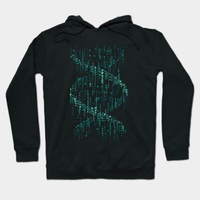 Black hoodie with blue digital DNA print, cotton material, casual style, perfect for tech enthusiasts or everyday wear.