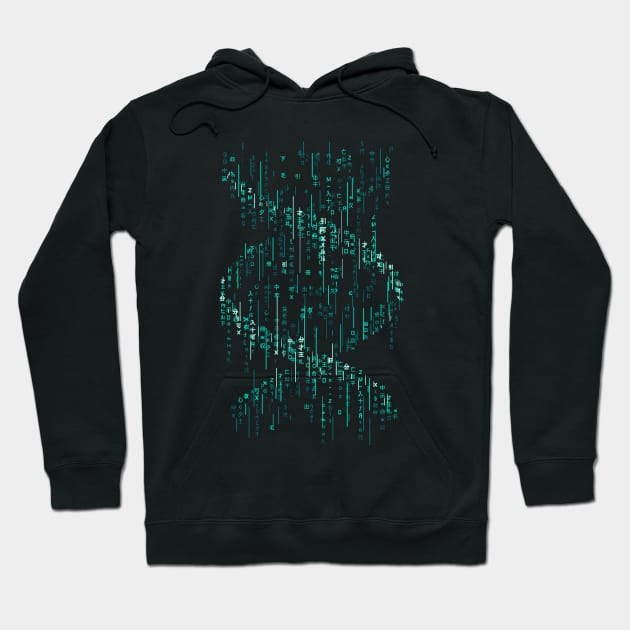 Black hoodie with blue digital DNA print, cotton material, casual style, perfect for tech enthusiasts or everyday wear.