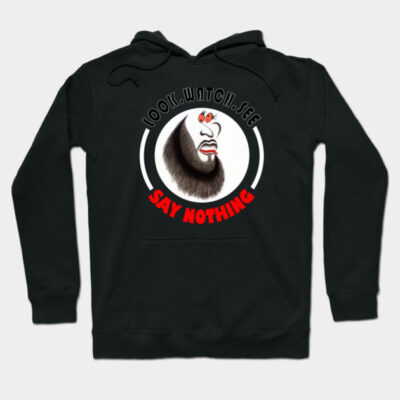 Black graphic hoodie with unique design, featuring bold text and artistic face illustration, perfect for casual wear.